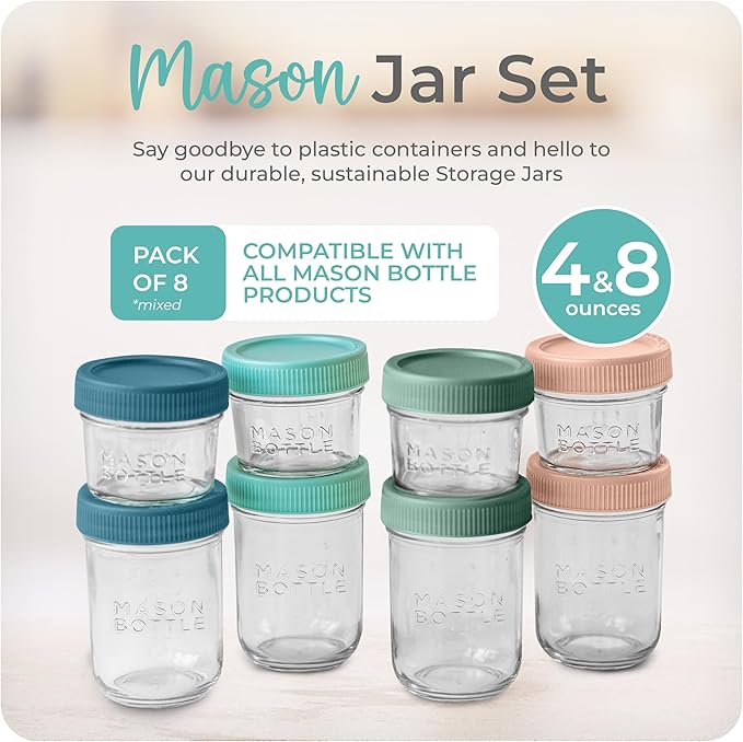 Mason Bottle Breast Milk Storage Jars (4oz & 8oz, 8-Pack) – Reusable Glass Baby Food Containers with Lid for Baby Formula & Breastmilk – Airtight, Stackable, Freezable (Deep Ocean)
