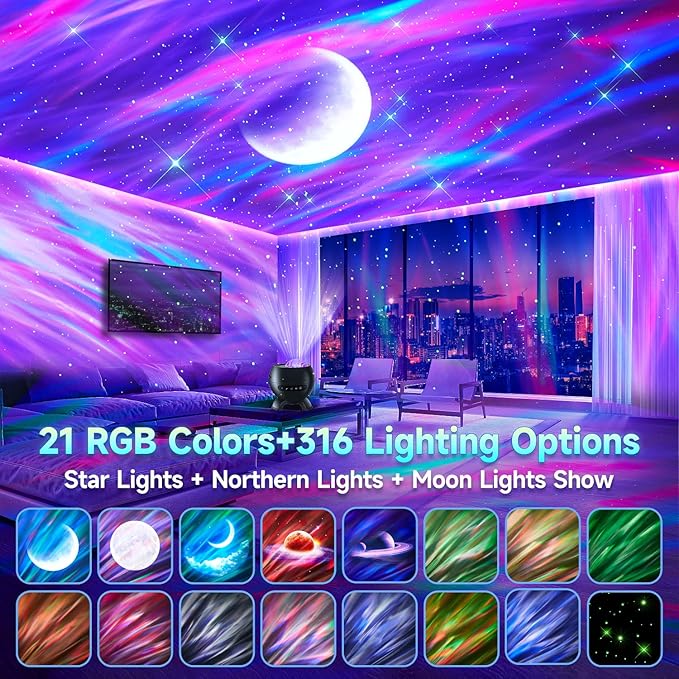 Northern Lights Projector Mothers Day Gifts Birthday Gifts for Him Boys Galaxy Projector for Bedroom, 300+Colors Modes Aurora Light,15White Noise Sound Machine &Bluetooth Star Projector Galaxy Lights