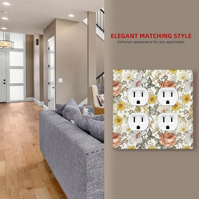 Multicolor Peony Daisy Vintage Floral Flower Outlet Covers 2 Gang Double Duplex Decorative Light Switch Covers Electrical Wallplates Socket Faceplate for Bedroom Living Room Decor