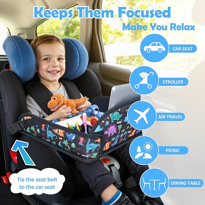2Pcs Kids Travel Tray for Toddler Carseat, Road Trip Activities Essentials for Toddler, Kids Lap Desk Tray with Tablet Holder Stand ＆ Dry Erase Board (Dinosaur & Mermaid)