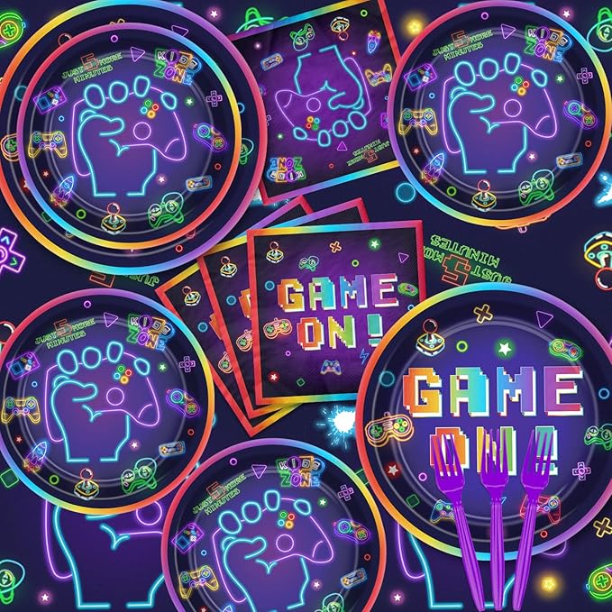 Video Game Birthday Decorations Serve 20 - 81Pcs Plates Napkins Tablecloth Forks Set for Boys Game Gaming Controller Party Supplies