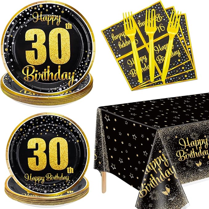 30th Birthday Decorations for Women and Men - 81 Pcs Plates Napkins 30th Tablecloth Forks Set Black and Gold Party Decorations Serve 20