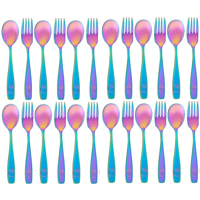 Stainless Steel Kids Silverware Set 24 Pieces (2 Pack of 12) - Child and Toddler Safe Flatware - Kids Utensil Set - Metal Kids Cutlery Set (Includes 12 Small Kids Spoons & Kids 12 Forks, UV Rainbow)