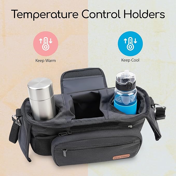 Universal Stroller Organizer Bag with 2 Insulated Cup Holder, Durable Detachable Phone Bag and Shoulder Strap – Fits for Pet Stroller Caddy, Uppababy, Baby Jogger, Britax, Doona, Nuna