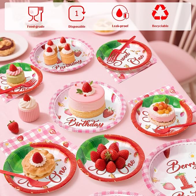 Berry First Birthday Party Decoration - 96Pcs Strawberry 1st Sweet One Plates Napkins Fork Tableware, Strawberry First Disposable Party Supplies for Girl 1st Birthday Baby Shower Table Decor, Serve 24