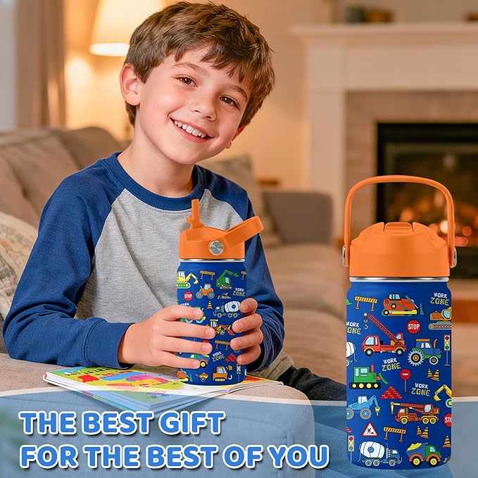 Construction Gifts for Men Women - 12oz Construction Truck Water Bottle with Straw Lid, Stainless Steel Insulated Bottle, Leak Proof, BPA-Free, School, Travel, Car Lovers Kids Birthday Gift Cup(1pc)