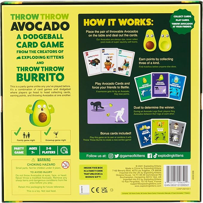Exploding Kittens Throw Throw Avocado 2-6 Players - Ages 7+ - 15 Minutes to Play - Dodgeball Card Game - Party Game, Family Game Night, Kid and Adult Card Game