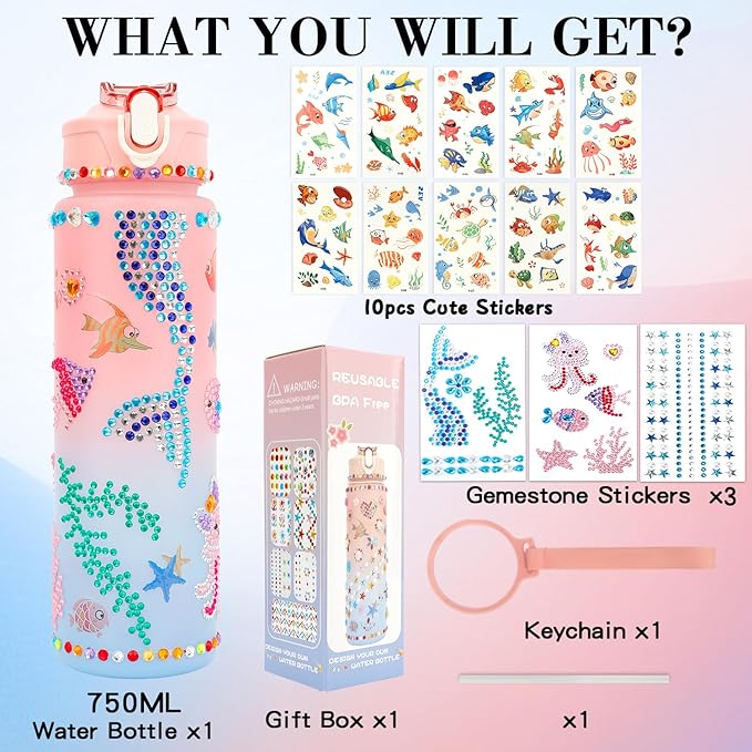Gifts for Girls 4-12, Decorate Your Own Water Bottle Kits for Kids Age 4-6-8-10, Pink Easter Birthday Gifts for 5 6 7 8 9 10 Year Old Kid, Mermaid Water Bottle Fun DIY Art and Craft Gift Toys for Girl