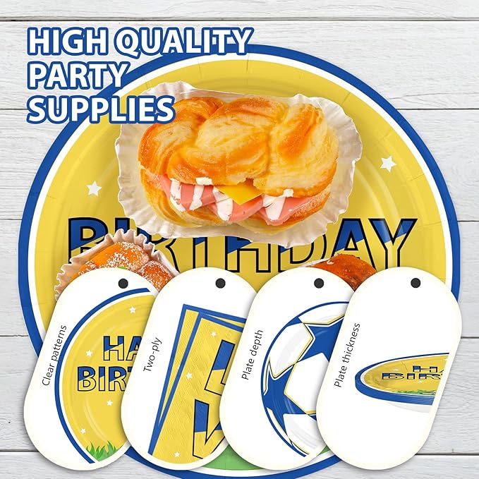 96Pcs Soccer Birthday Party Supplies Blue Yellow Football Plates and Napkins Blue Gold Soccer Star Champion Tableware Set for Football Fan Birthday Baby Shower Sport Party Supplies Serves 24