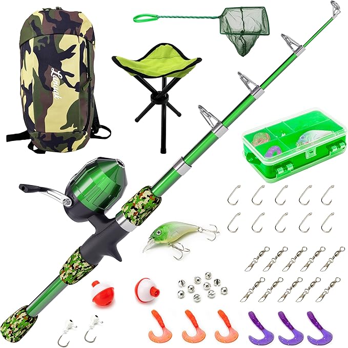 Lanaak Kids Fishing Pole, Kids Portable Telescopic Fishing Rod Set, Tackle Box and Fishing Net Combo Kit, Kids Fishing Gear for Boys and Girls Age 5-10 and Youth