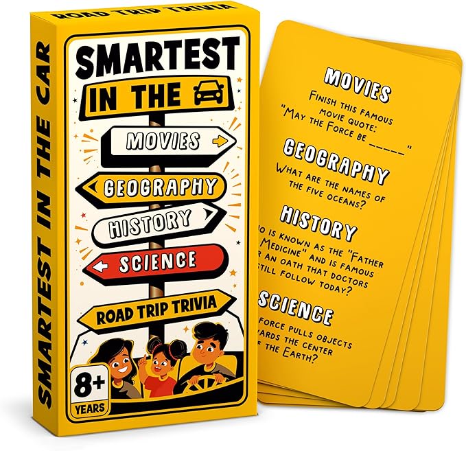 WELL BALANCED Road Trip Trivia - Road Trip Games for Kids Travel Essentials Car Activities Must Haves for Ages 8+