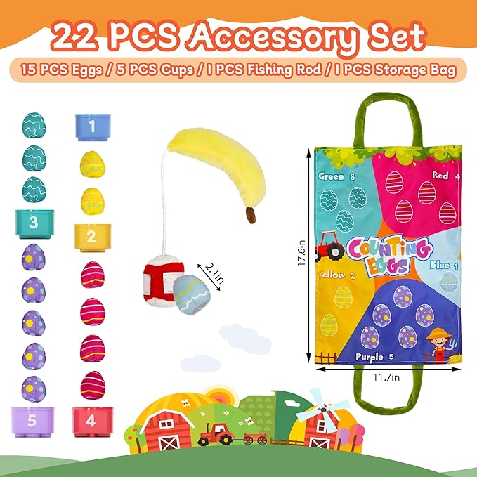 Montessori Toys for 1 Year Old, 11 in 1 Cloth Fishing Game Easter Basket Stuffers for Toddler Toys 1-3, Soft Learning Toy with Stacking Cups, Fine Motor Skills & Color Recognition for Boys & Girls