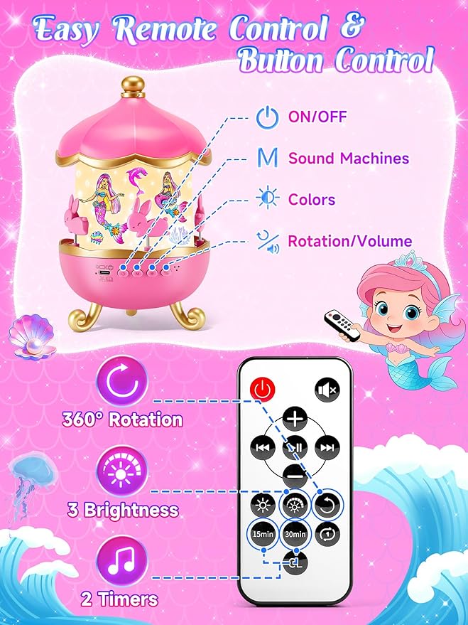 Little Mermaid Toys, 15 Soothing Sounds+18 Films+378 Colors Kids Night Light Projector, 360°+Remote+Cordless+Pink Mermaid Birthday Gifts for Girls, Princess Toys Princess Room Decor[Dreamy Packaging]