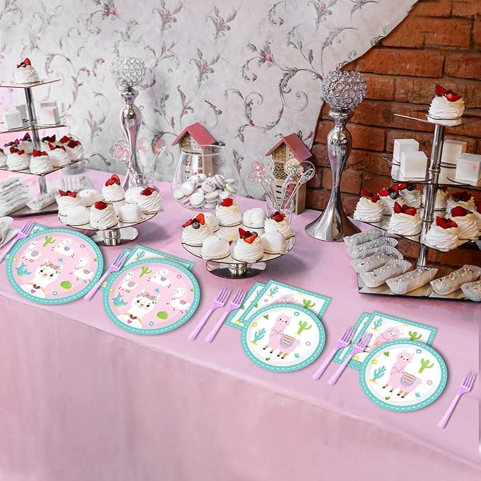 ZOIIWA 96 Pcs Llama Birthday Party Supplies for 24 Guests Alpaca Llama Birthday Plates Napkins Tableware Party Decorations Mexican Cactus Dinnerware Favor for Kids Girls Baby Showers