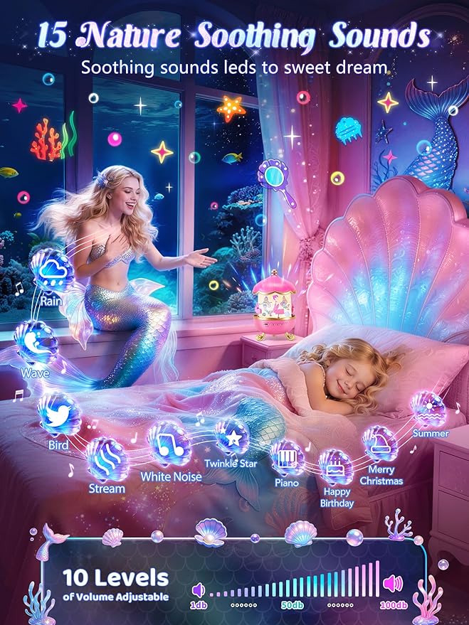 Little Mermaid Toys, 15 Soothing Sounds+18 Films+378 Colors Kids Night Light Projector, 360°+Remote+Cordless+Pink Mermaid Birthday Gifts for Girls, Princess Toys Princess Room Decor[Dreamy Packaging]
