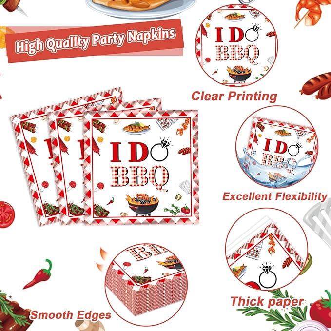 Wiooffen 96 Pcs BBQ Bachelorette Party Plates Napkins Tableware Set I Do BBQ Party Supplies Disposable Red and White I Do Dinnerware for Summer Wedding Engagement Bridal Shower Supplies, 24 Guests