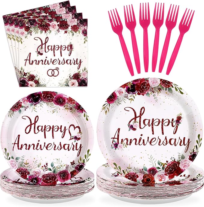 96Pcs Happy Anniversary Party Supplies Burgundy Flowers Anniversary Plates and Napkins Rose Red Burgundy Floral Tableware Set for Women Couple Romantic Wedding Love Party Supplies Serve 24