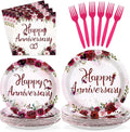 96Pcs Happy Anniversary Party Supplies Burgundy Flowers Anniversary Plates and Napkins Rose Red Burgundy Floral Tableware Set for Women Couple Romantic Wedding Love Party Supplies Serve 24