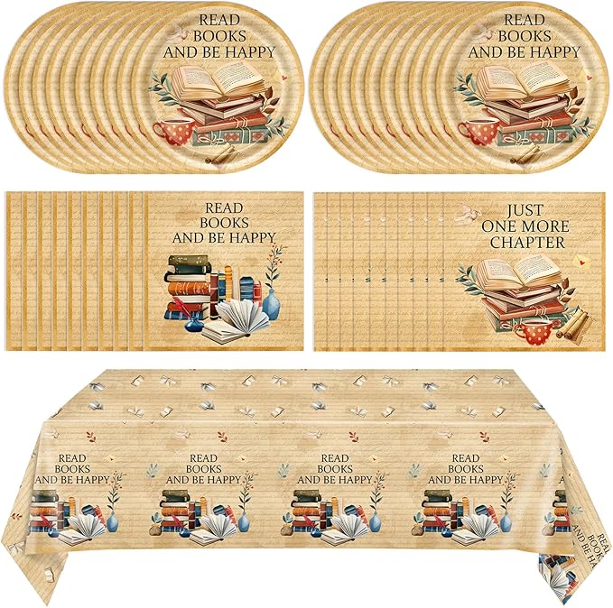 41Pcs Book Themed Party Decorations Vintage Book Club Theme Birthday Supplies Library Reading Theme Plates Napkins Tablecloth,for Library Party, Birthday, Engagement Party Decorations, Serves 20