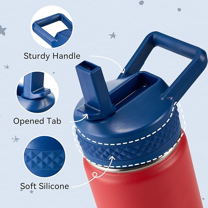 Fijinhom 12 oz Kids Water Bottle, Toddler Water Bottle with Straw, Boys&Girls Bottle for School, 304 Stainless Steel Vacuum Insulated Bottle for Kids, BPA-Free, Leak-Proof, Blue Red
