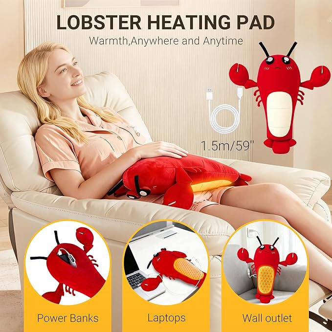 Crustacean Lobster Heating Pad for Period Cramps, Heated Stuffed Animal, Portable USB Electric Heating Pad with Auto Shut Off, Warm Plushie for Belly Back Shoulder Pain Relief, Gift for Mom Women