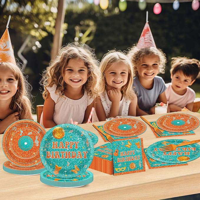 96PCS Popular Singer Birthday Party Paper Plates and Napkins Music Lover Party Decoration Pop Singer Theme Party Supplies Orange Green Glitter Tableware Set Serves 24 Guests Girls Baby Shower Favor
