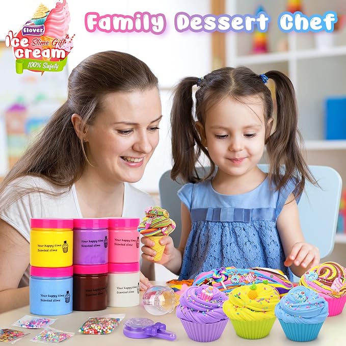 Elover Ice Cream Slime Kit for Girls and Boys Fluffy DIY Slime Toys Gifts Make Ice Cream Slimes 6 Color