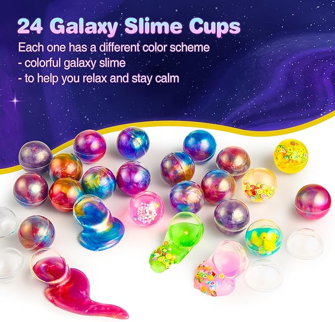 24 Pack Galaxy Slime Party Favors for Kids Slime Balls Bulk Stretchy & Non-Sticky DIY Stress Relief Putty Toy Birthday Halloween Christmas Stocking Stuffers, Classroom Reward for Girls Boys