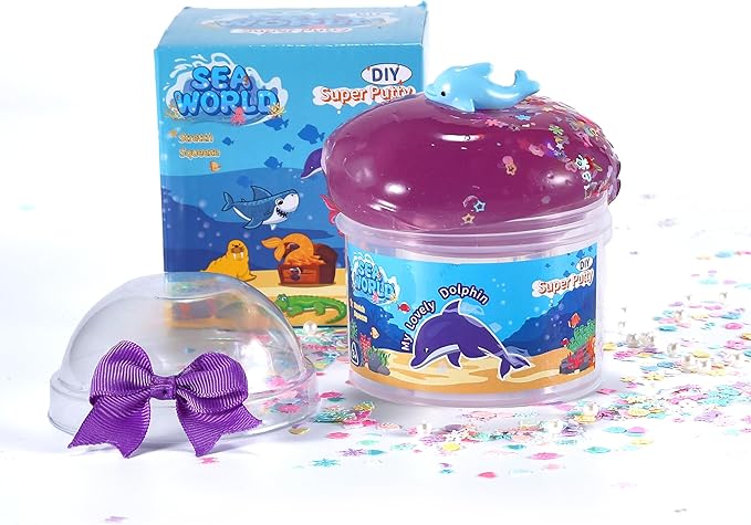Dolphin Ocean Slime Kit with Ice Cream Tub - 8 Oz Non-Sticky Slime Party Favors for Kids, Resin Dolphin Charm & Glitter - Sensory Toys for Girls&Boys 6-12, Birthday Gifts