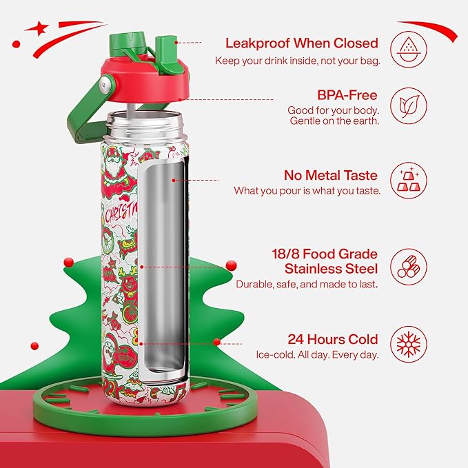 ENCOOL Christmas Insulated Water Bottle with Straw, Stainless Steel Water Bottle, Leak Proof BPA-Free, Keeps Cold for 24 Hours for Sports, Christmas Holiday Gifts for Women, 26 oz, Santa Rider