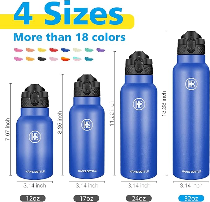 Han's Bottle Sports Water Bottle - 32 Oz, Straw Lid, Leak Proof, Vacuum Insulated Stainless Steel, Double Walled, Thermo Mug,Navy Blue