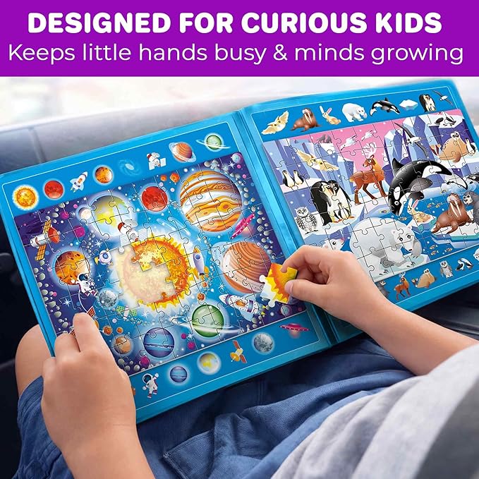 QUOKKA Magnetic Puzzles for Toddlers 3-5 – Search & Find 2 Pack 60 Pieces Each – Travel Friendly Board with Hidden Objects, Space Map and Polar Animals – Educational Puzzle Gift for 3 Year Olds