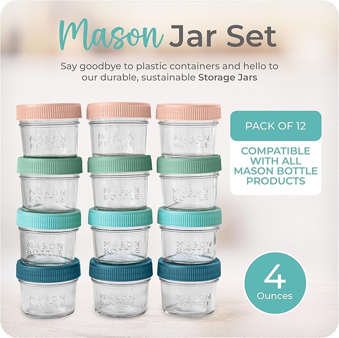 Mason Bottle 4oz Breast Milk Storage Jars (12-Pack) – Reusable Glass Baby Food Containers with Lid for Baby Formula & Breastmilk – Airtight, Stackable, Freezable (Deep Ocean)