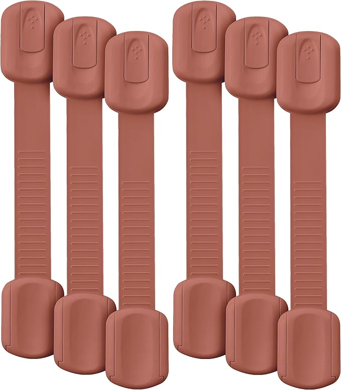 Bate- Child Safety Strap Locks, 6 Pack, Rusty Color, Baby Locks for Cabinets, Drawers, Kitchen, Toilet, Furniture, Fridge, Multi-Purpose, Easy Install with Quick 3M Adhesive for Childproofing