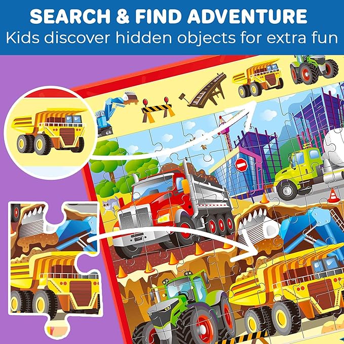 QUOKKA Magnetic Puzzles for Toddlers 3-5 – Search & Find 2 Pack, 60 Pieces Each – Travel Friendly Board with Hidden Objects, Construction and Dinosaur Scenes – Educational Puzzle Gift for 3 Year Olds