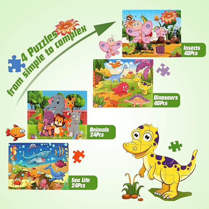 SYNARRY Wooden Jigsaw Puzzles for Kids Age 3-5 Year Old, 4 Pack 24-40 Pieces Preschool Educational Learning Toys Gift Set for Children, Easter Basket Stuffers Gifts for Kids
