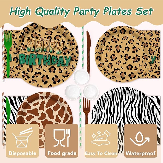 168PCS Mouse Safari Party Supplies for Kids Boys Girls, Cartoon Jungle Birthday Party Tableware Jungle Birthday Party, Zoo Adventure Plates, Napkins, Cups, Knife, fork, straw Set Serves 24