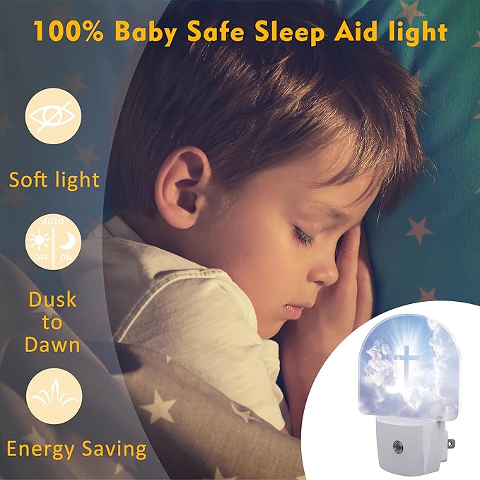 Shining Cross on Blue Sky Night Light for Kids,Christian Cross and Clouds Plug in Night Light with Dusk to Dawn Sensor, 0.5w Energy Saving Nightlight for Hallway Stairway Kitchen Bedroom