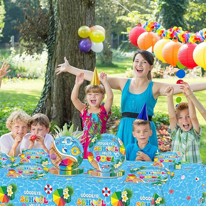 Goodbye School Hello Pool Tableware Set for Kids Class End of Schools Year Theme Supplies Summer School's Out Plates Napkins Tablecloths Serves 24 Guests Graduation Preschool Party Favors