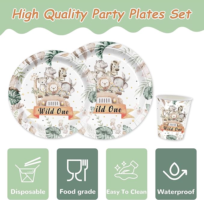 168PCS Wild One Party Supplies for Boys Girls Kids Jungle Animals Party Decorations Forest Themed Plates and Napkins Cups Forks Knives and Straw Tableware for Birthday Serve 24 Guests