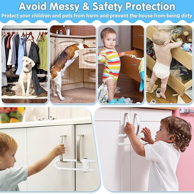 Modacraft 15 Pcs Sliding Cabinet Latches, U Shaped Cabinet Door Locks, Baby Cabinet Safety Latches for Baby Proofing, No Drilling Tool-Free Installation Easy to Use for Knobs or Handle Double Door