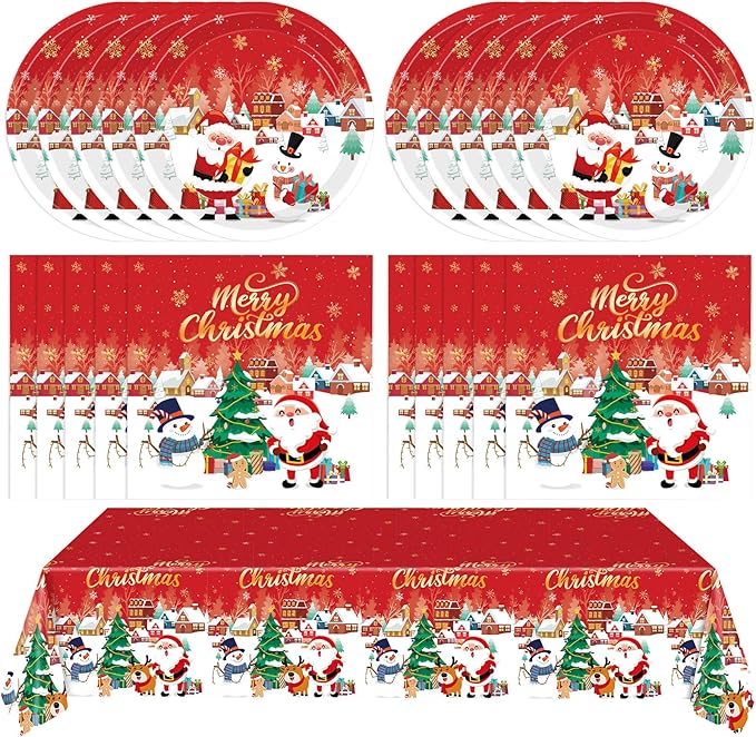 41 PCS Christmas Party Decorations,Christmas Table Decorations Xmas Party Tableware Set Include Disposable Christma Paper Plates Napkins and Tablecloth,Xmas Holiday Party Serves 20 Guests