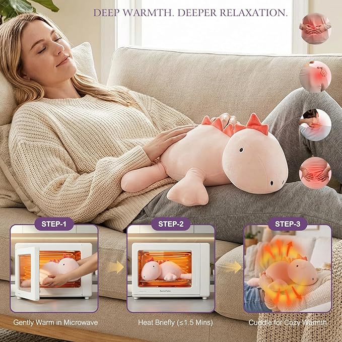 KOWSI® Microwavable Heating Pad Pink Stegosaurus Plush - 1.4 Lb Weighted Stuffed Animal Toy with Tourmaline Beads & Lavender - 16" Squished Long Dinosaur Pillow - Lumbar Back Cushion Lasting Warmth