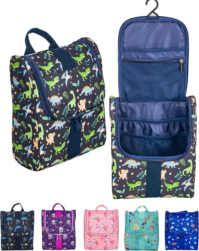 Remobia Hicol Cute Cartoon Hanging Kids Toiletry Bag Children Travel Cosmetic Makeup Organizer Wash Bag Shower bag Over Night Bag Camping Shaving Kit Bag for Boys & Girls (Dinosaurs)