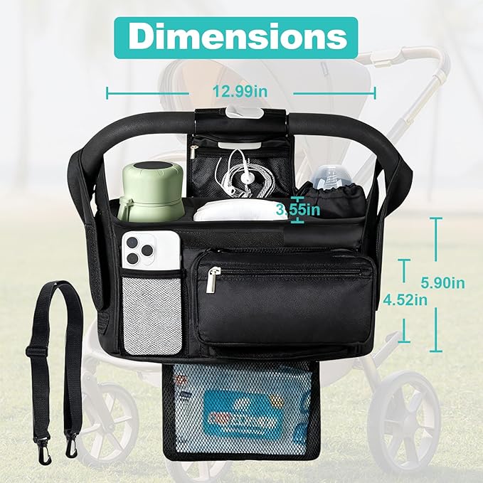 Universal Stroller Organizer with Insulated Cup Holder Detachable Phone Bag & Shoulder Strap, Bag Caddy Fits for Stroller like Uppababy, Baby Jogger, Britax, BOB, Umbrella & Pet Stroller