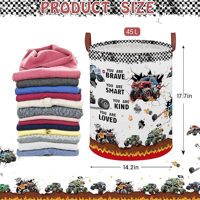 Monster Trucks Laundry Hamper Basket Kid Gift Toy Bin Empty Car Nursery Decor Hamper,Storage Basket Collapsible Clothes Book Organizer Bin for Boy,Easter Gift (Monster Trucks-Fire)
