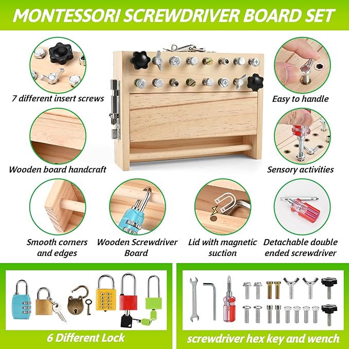Montessori Screwdriver Board Set, Montessori Toys for 3 4 5 with 6 Locks and Keys, Toddler Screwdriver Toy, Kids Tool Set, Preschool Learning Sensory Toy, Fine Motor Skills Toys