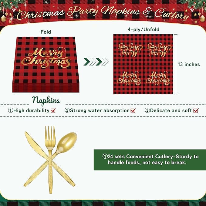 Merry Christmas Party Tableware Supplies, 168PCS Christmas Paper Plates Napkins Cups and Gold Cutlery Set, 24 Set Red Plaid Xmas Disposable Dinnerware Set for Party Decorations
