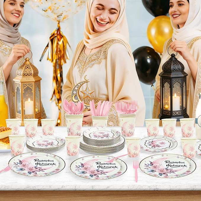 168Pcs Eid Ramadan Decorations for Home Pink Watercolor Flower Lantern Moon Plates and Napkins Cups Islamic Mubarak Decor Tableware Set for Eid al-Fitr al-Adha Festival Home Party Supplies Serves 24