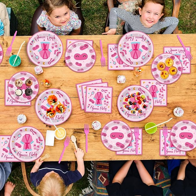 100 Pcs Pajama Party Paper Plates and Napkins Set Sleepover Party Decorations Supplies Girls Sleepover Tableware Favors for Spa Slumber Birthday Hot Pink Pajama Party Decorations Serves 25